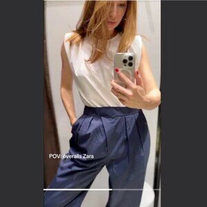 NWT ZARA MIXED POPLIN FULL LENGTH JUMPSUIT NAVY / WHITE